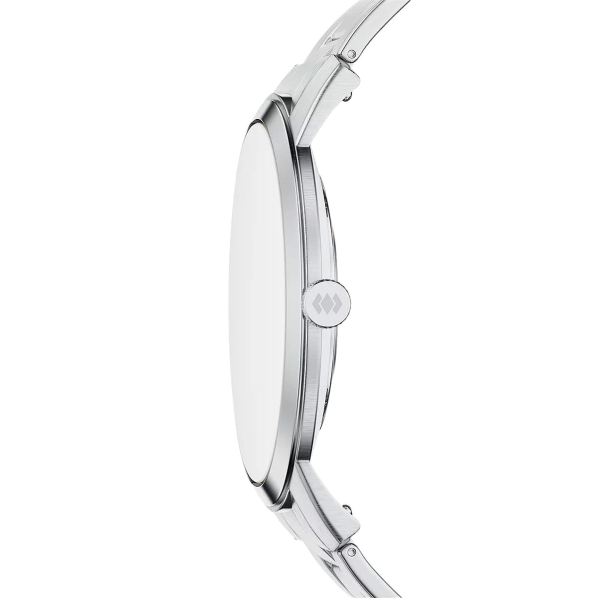 Fossil Minimalist FS6180 timepiece side profile highlighting ultra thin steel case and textured crown