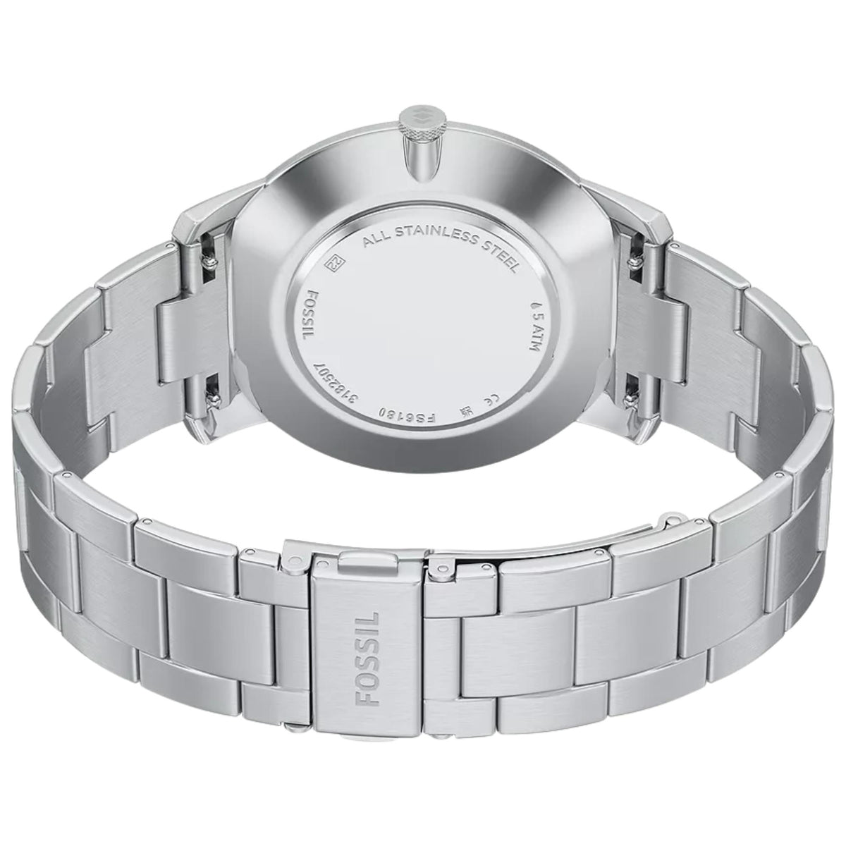 Fossil Minimalist FS6180 quartz watch caseback view showing engraved backplate and full steel bracelet loop