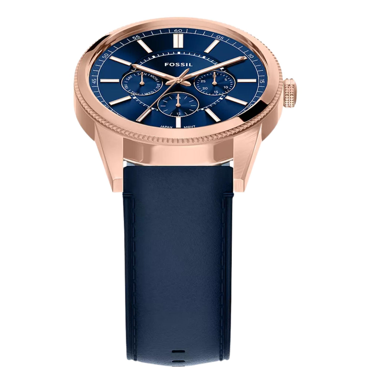 Fossil Pearson FS6196 quartz watch top angled view displaying blue dial, sub-dial displays, and rose gold bezel