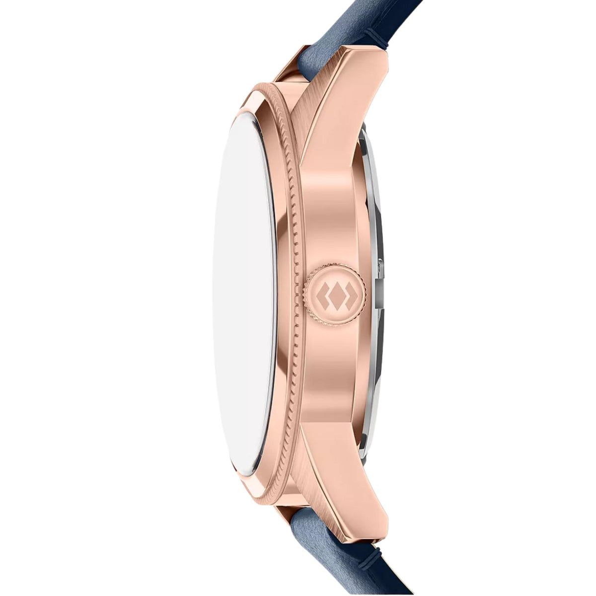 Fossil Pearson FS6196 timepiece side profile highlighting rose gold case and textured crown
