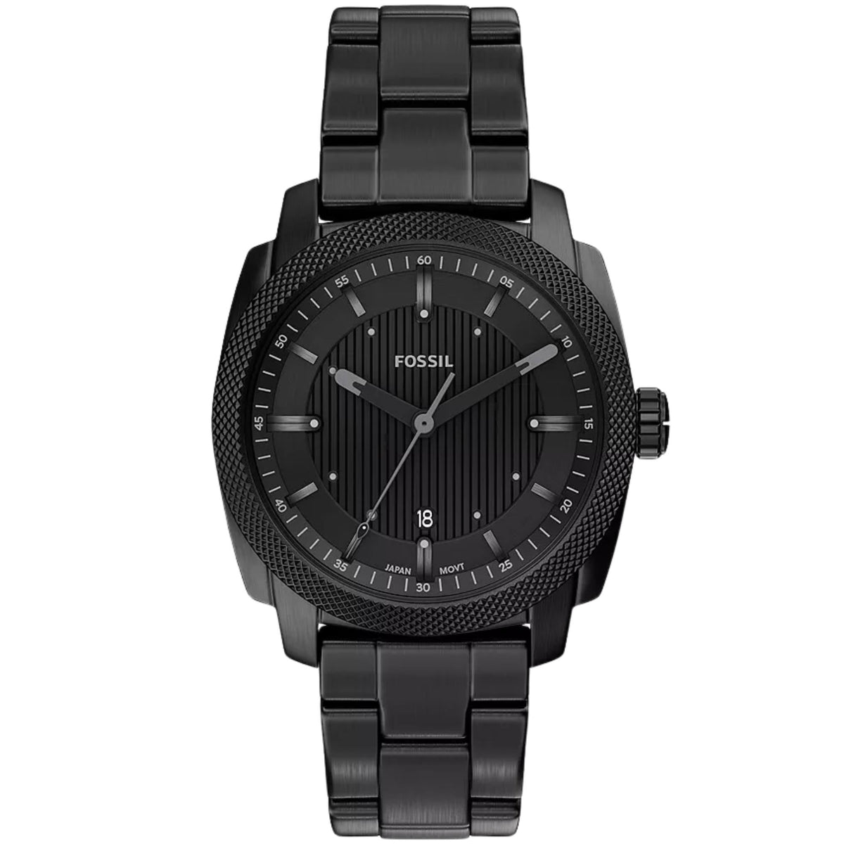 Fossil Machine FS6186 mens quartz watch front view with black dial, black steel case, and bracelet
