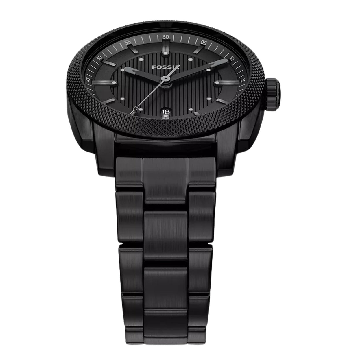 Fossil Machine FS6186 quartz timepiece top angled perspective showing textured black bezel and black dial