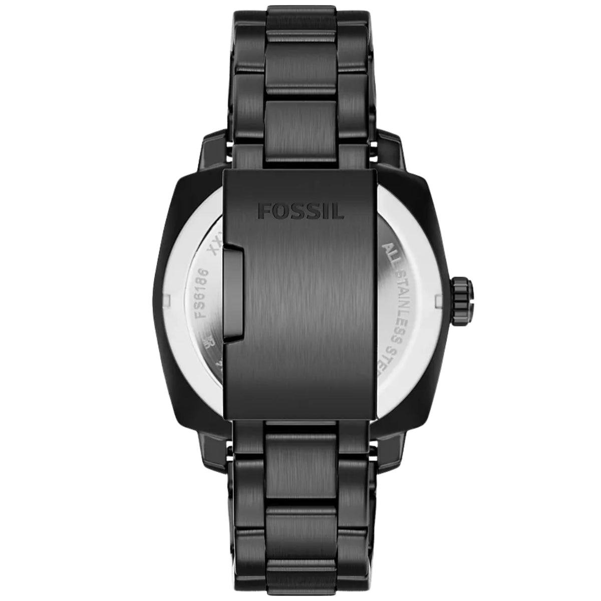 Fossil Machine FS6186 quartz watch rear view featuring black steel fold-over clasp with Fossil logo