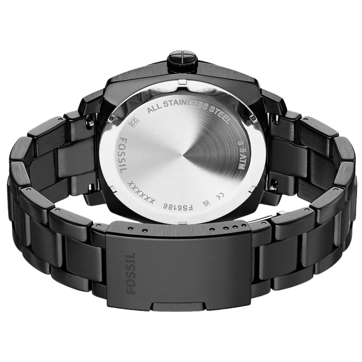 Fossil Machine FS6186 mens timepiece angled caseback view displaying stainless steel backplate and black bracelet