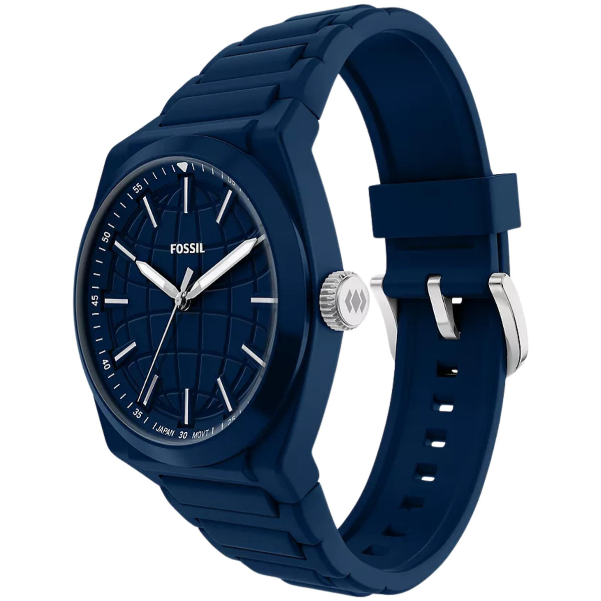 Fossil Everett FS6177 3-hand mens watch side perspective showing textured blue dial, case, and strap