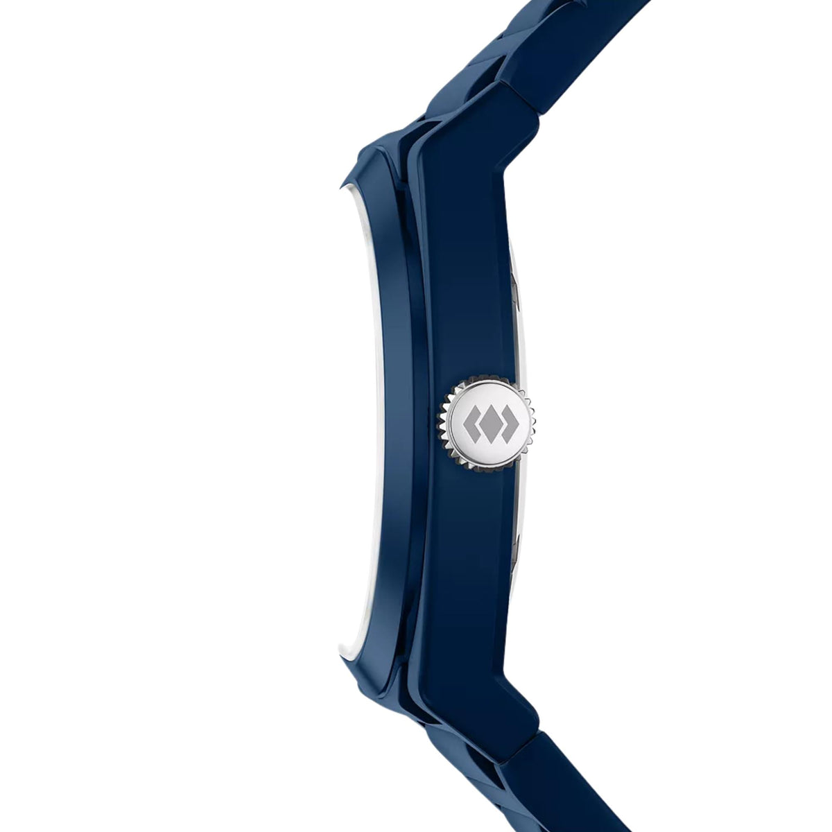 Fossil Everett FS6177 quartz watch profile view highlighting blue case, silver crown, and silicone strap