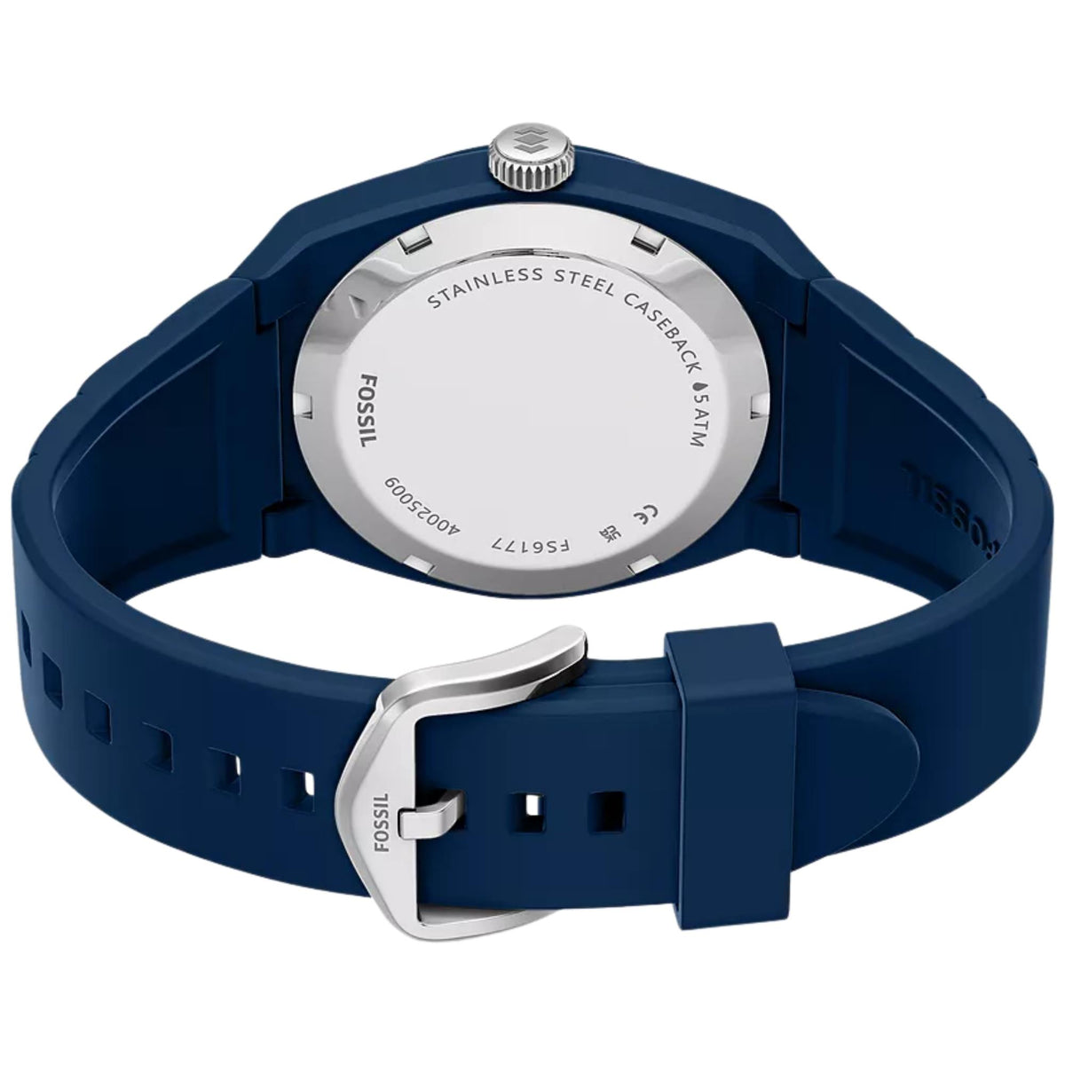 Fossil Everett FS6177 mens timepiece rear view displaying stainless steel caseback and blue buckle strap