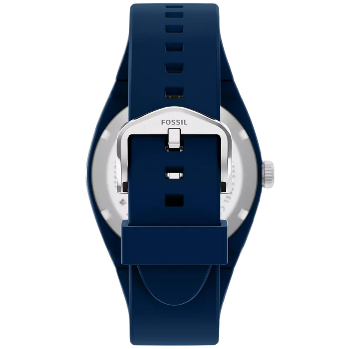 Fossil Everett FS6177 quartz watch back view focusing on silver pin buckle and blue silicone strap