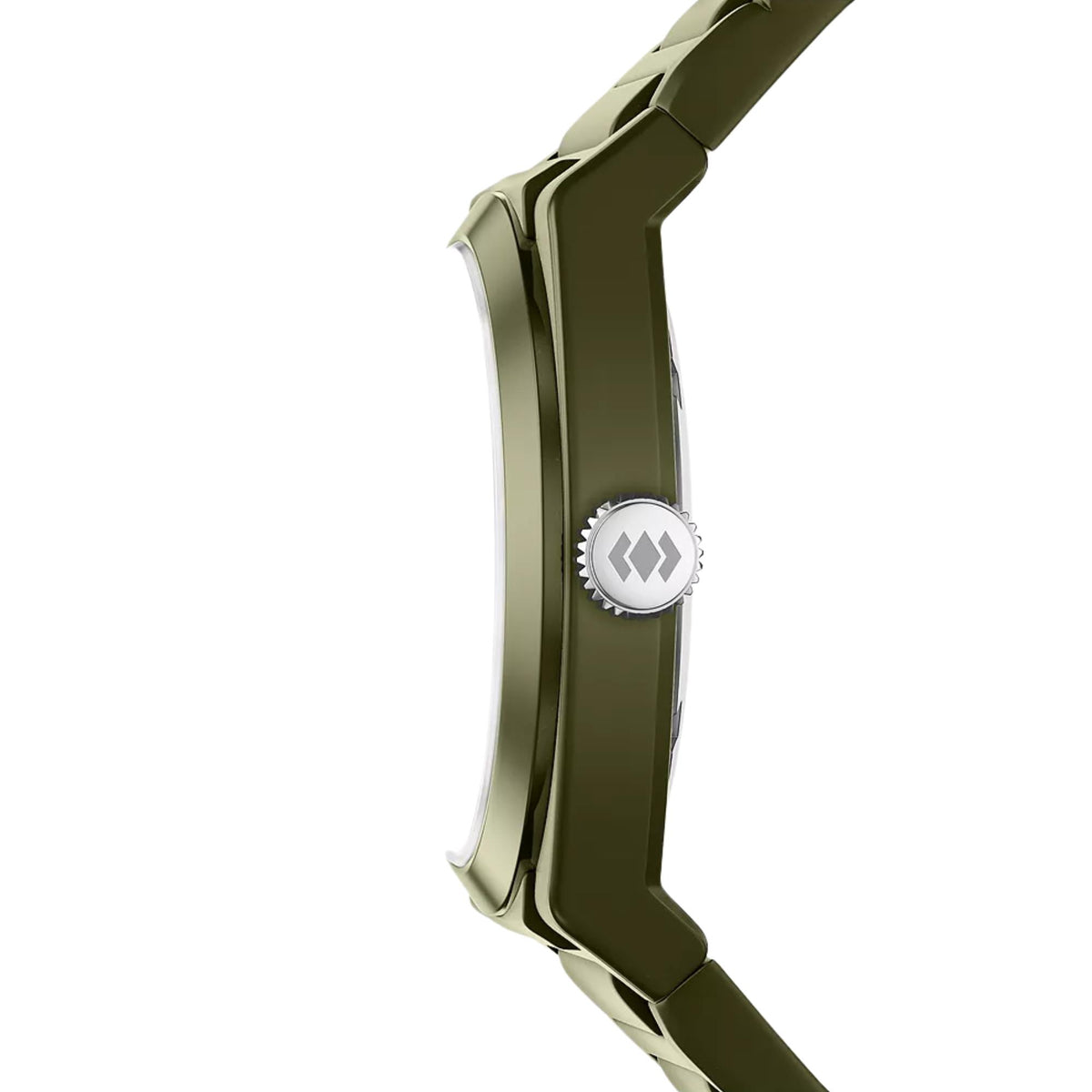 Fossil Everett FS6178 mens timepiece profile view highlighting green case, silver crown, and silicone strap