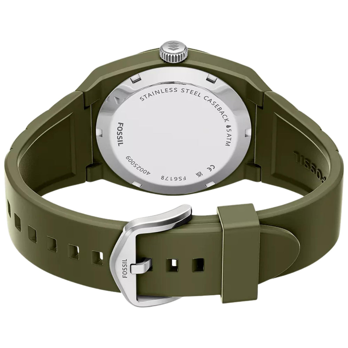Fossil Everett FS6178 mens watch rear view displaying stainless steel caseback and green buckle strap