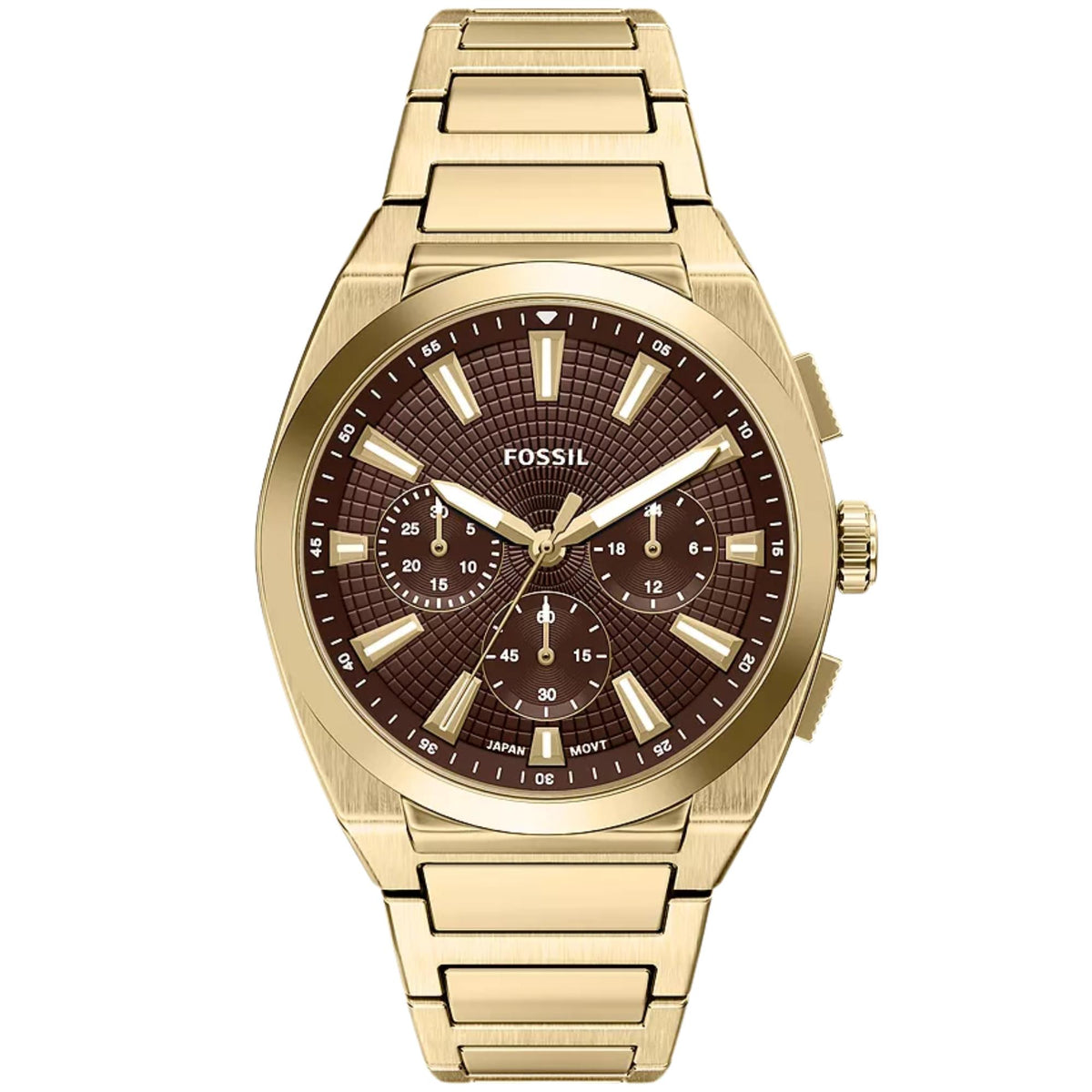 Fossil Everett FS6184 mens chronograph quartz watch front view with brown dial and gold-tone steel bracelet