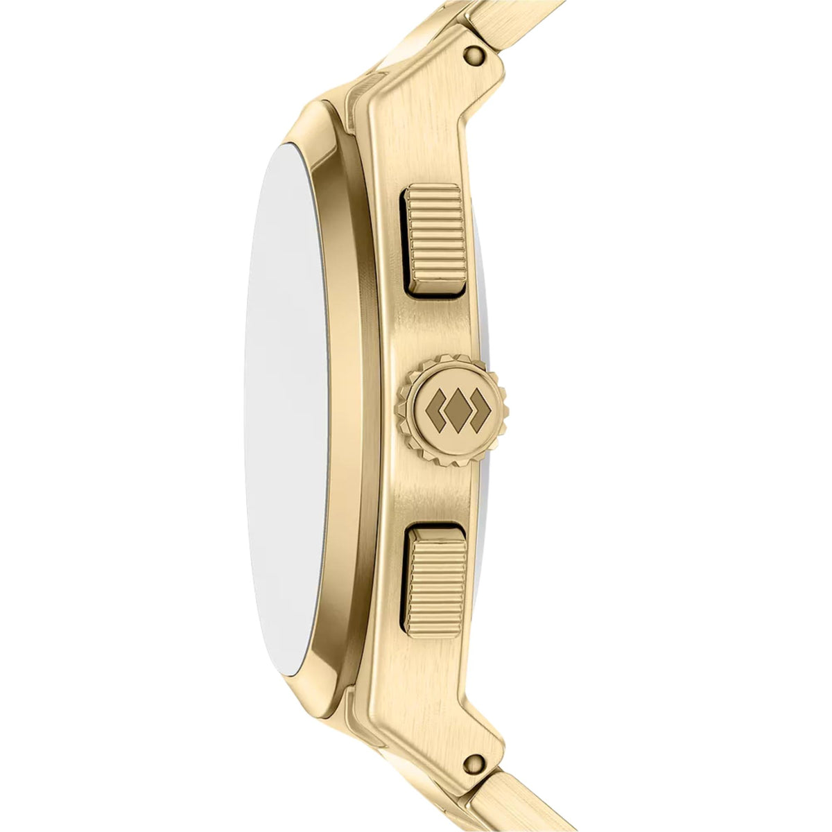 Fossil Everett FS6184 mens timepiece side profile highlighting gold-tone case, pushers, and textured crown