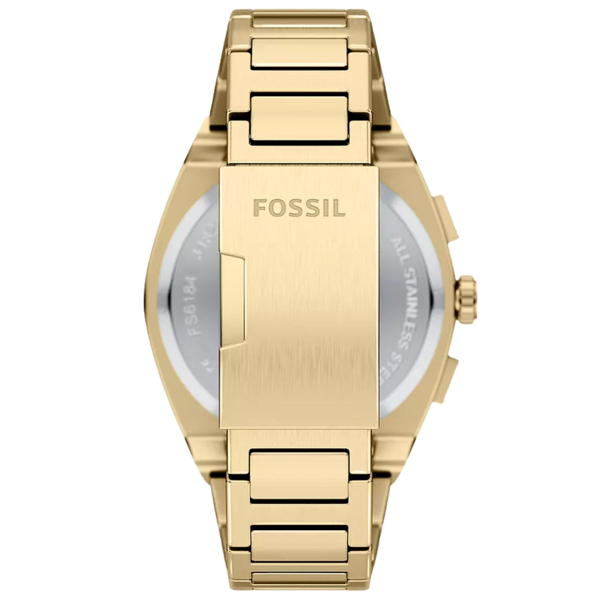 Fossil Everett FS6184 chronograph watch rear view focusing on gold-tone deployment clasp with branded logo