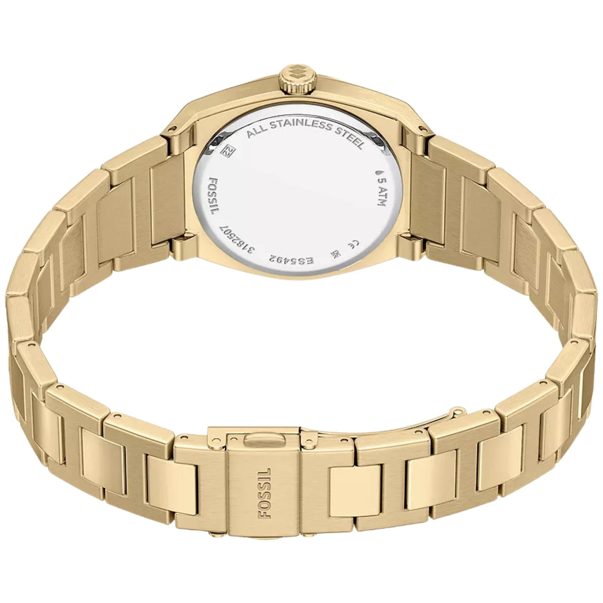 Fossil Everett ES5492 quartz watch back perspective displaying steel caseback and open gold-tone bracelet