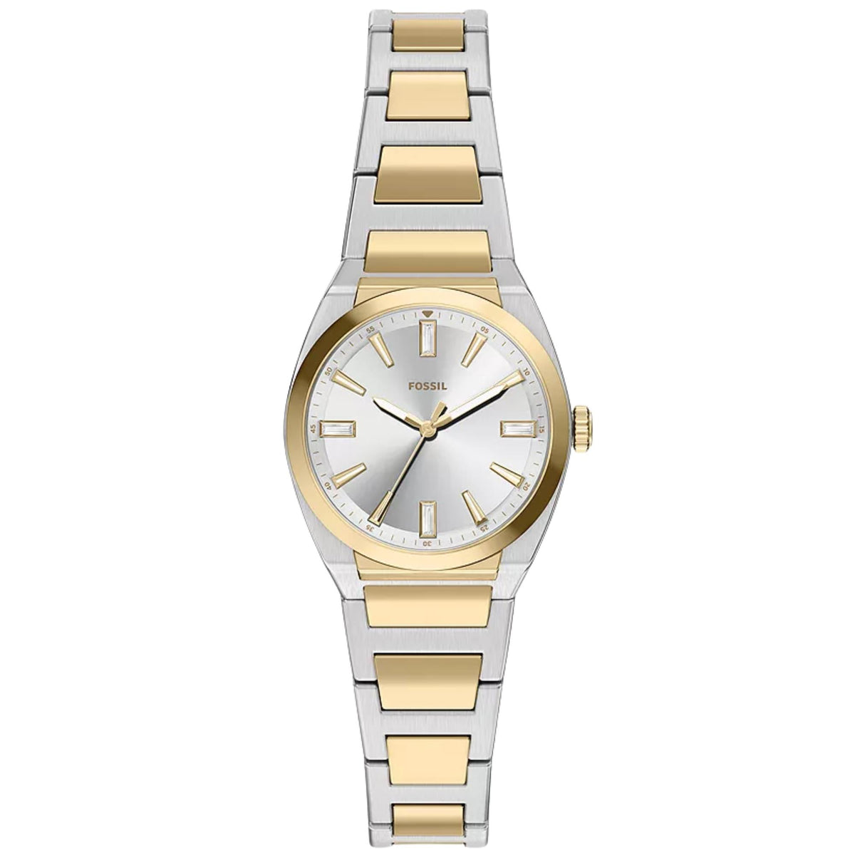 Fossil Everett ES5494 ladies quartz watch front view showing silver dial with gold-tone bezel and two-tone steel bracelet