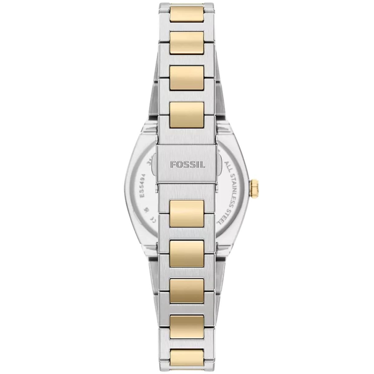 Fossil Everett ES5494 ladies timepiece rear view displaying steel caseback and two-tone link bracelet