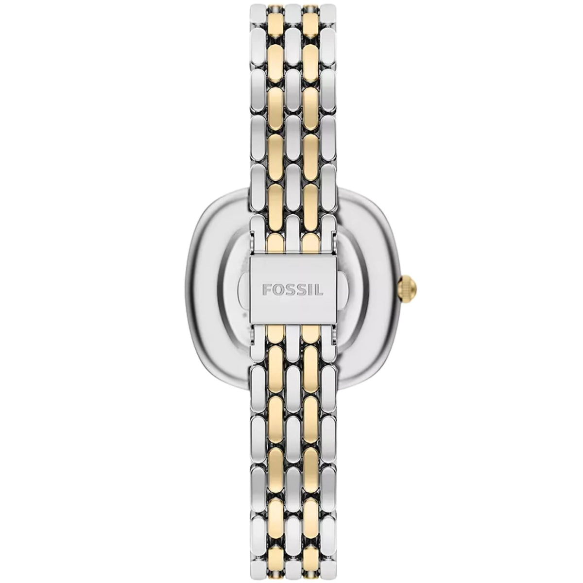 Fossil Emerson ES5509 ladies timepiece rear view displaying silver-tone caseback and two-tone link bracelet with clasp