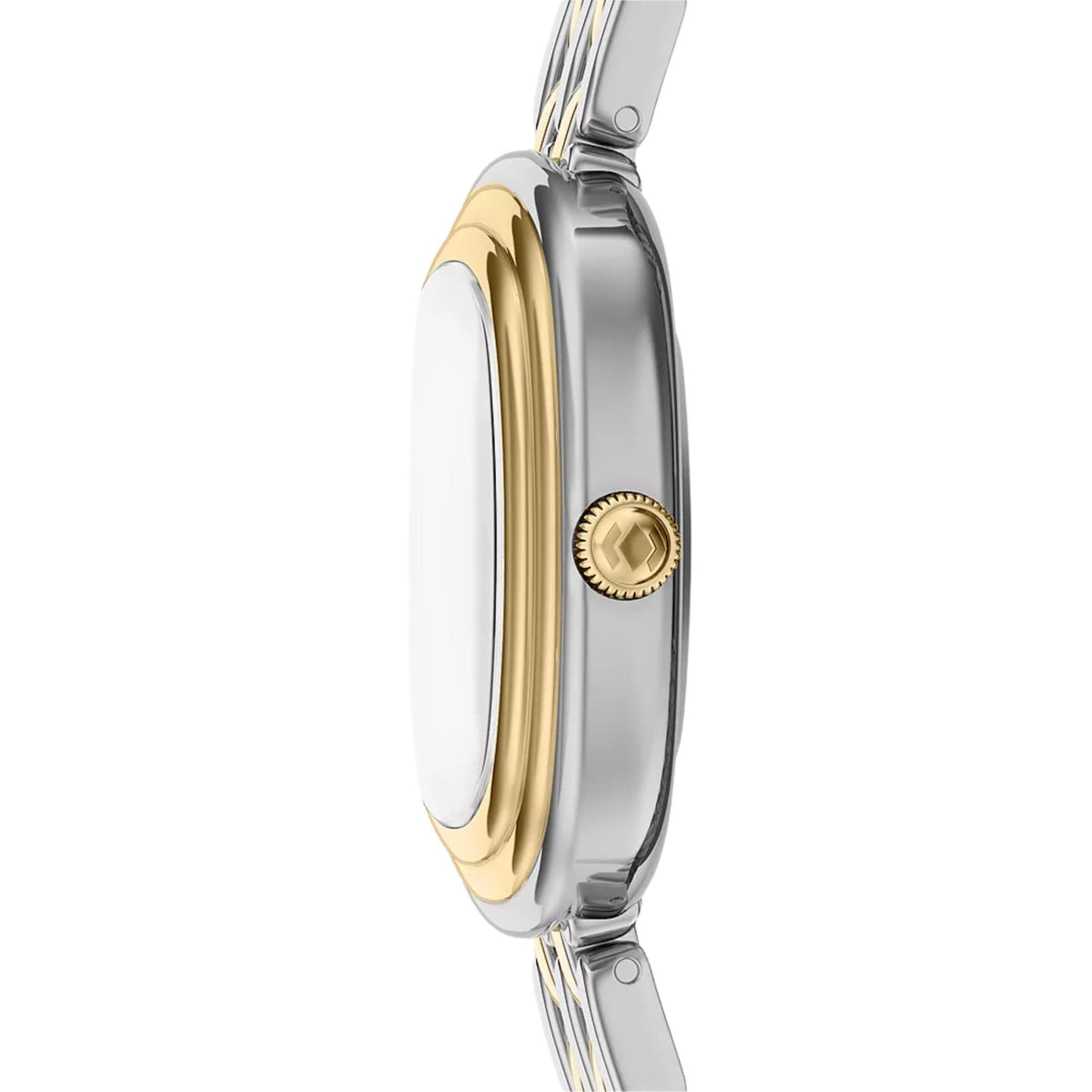 Fossil Emerson ES5509 quartz watch side profile showing two-tone case with textured gold-tone crown