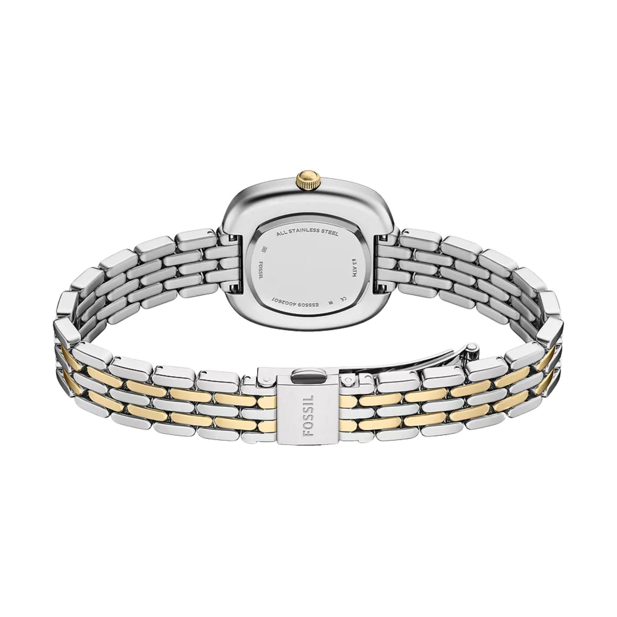 Fossil Emerson ES5509 womens timepiece back perspective showcasing stainless steel caseback and folded two-tone clasp
