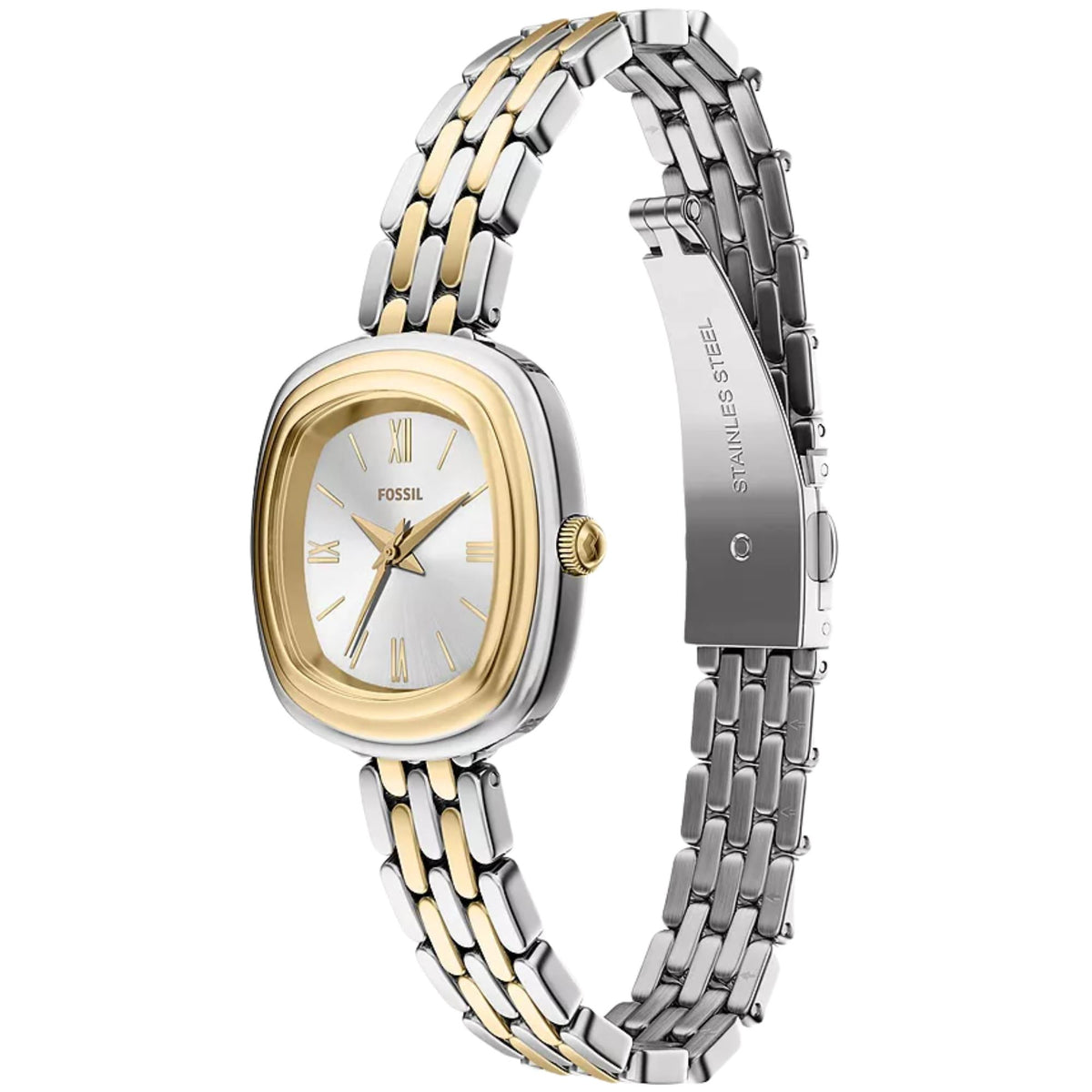 Fossil Emerson ES5509 quartz watch three-quarter view showcasing silver dial, gold-tone bezel, and two-tone steel bracelet