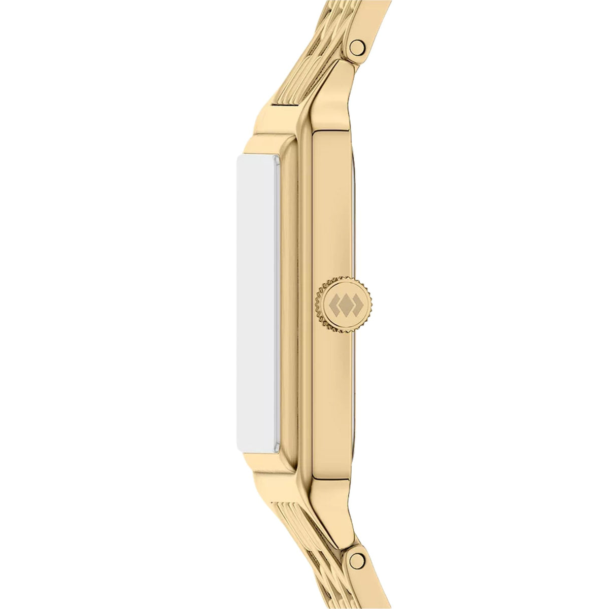Fossil Raquel ES5512 quartz watch side profile showing slim gold-tone case with textured crown and multi-link bracelet