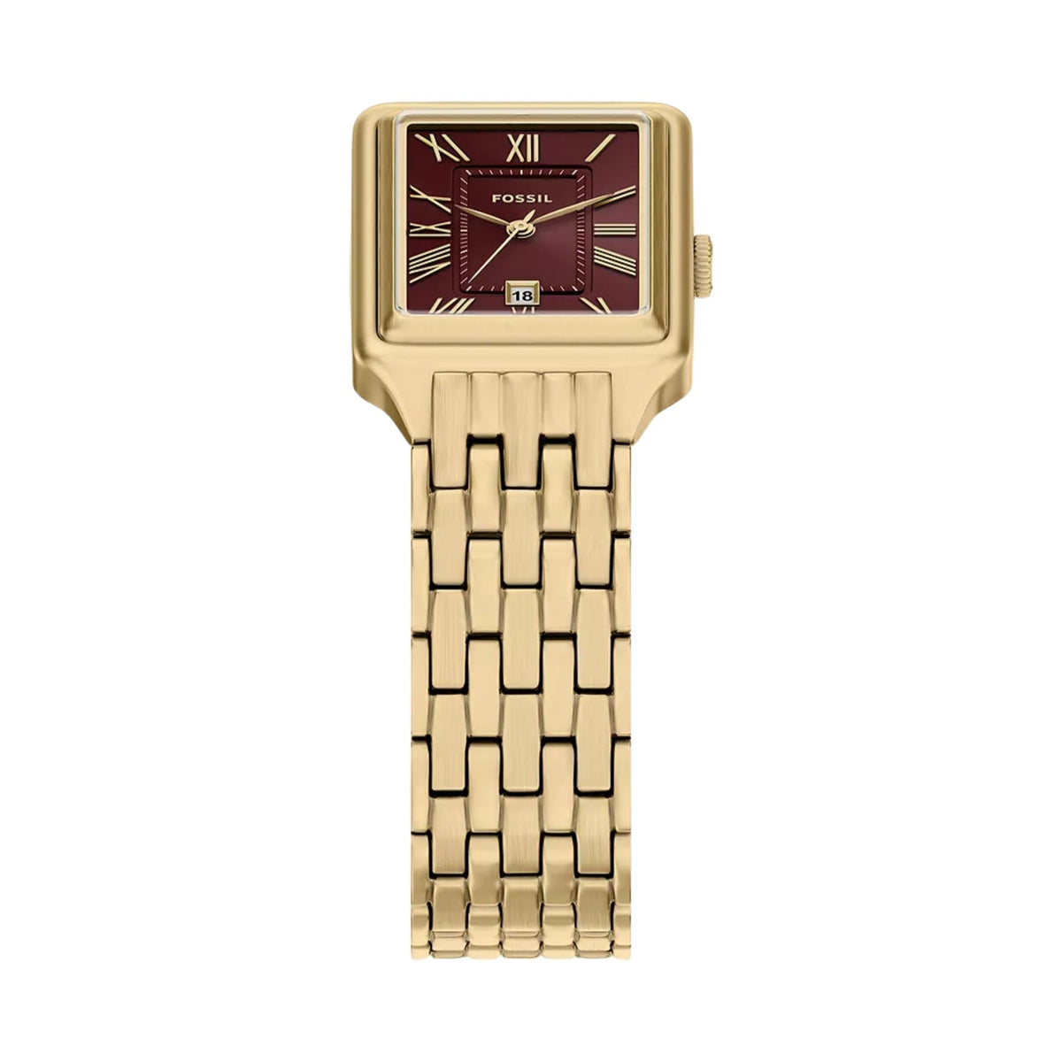 Fossil Raquel ES5512 ladies watch top angled view highlighting red rectangular dial with gold bezel and matching steel bracelet