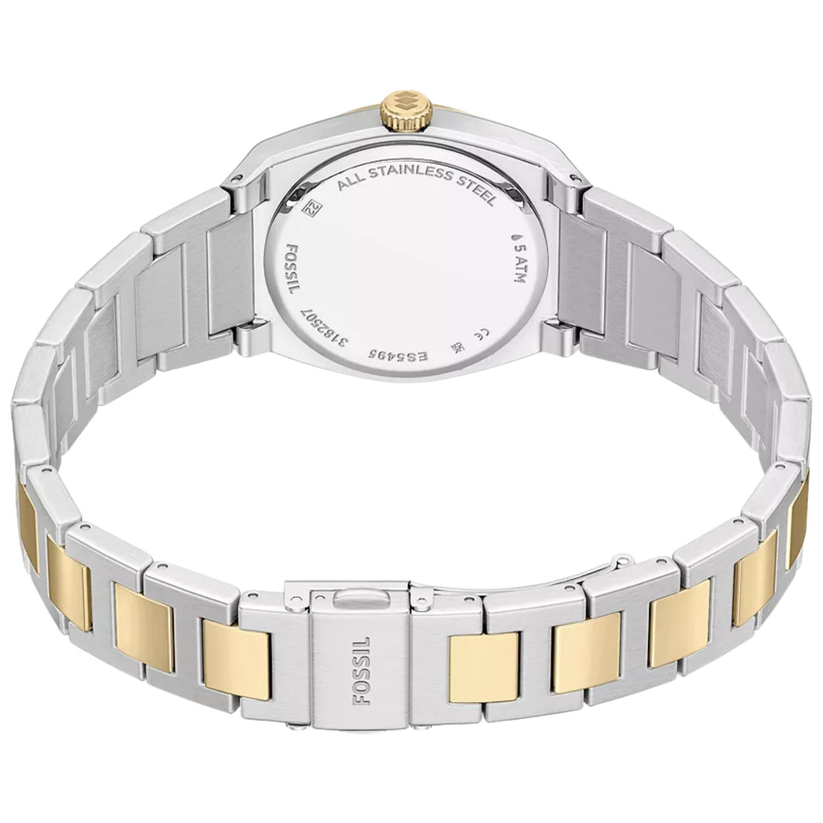Fossil Everett ES5495 quartz watch back perspective featuring engraved steel caseback and open two-tone bracelet clasp