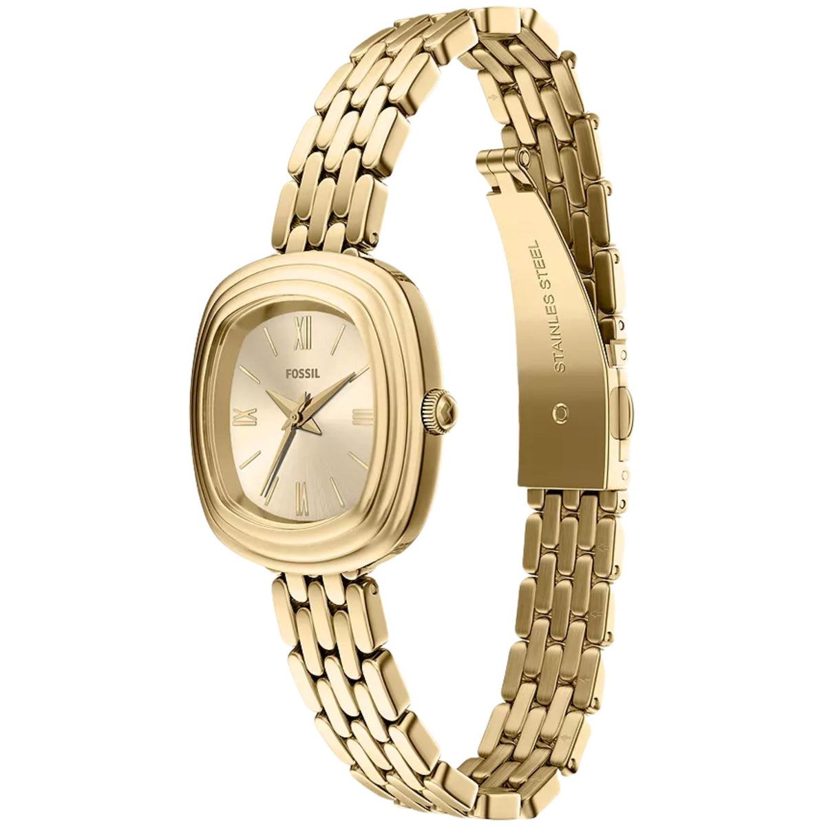 Fossil Emerson ES5506 ladies timepiece side angle view featuring gold dial, gold-tone textured crown, and stainless steel bracelet