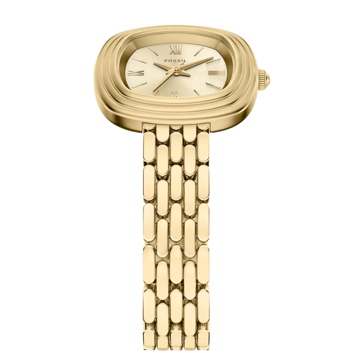 Fossil Emerson ES5506 quartz watch top-down view highlighting gold cushion dial and gold-tone intricate link bracelet
