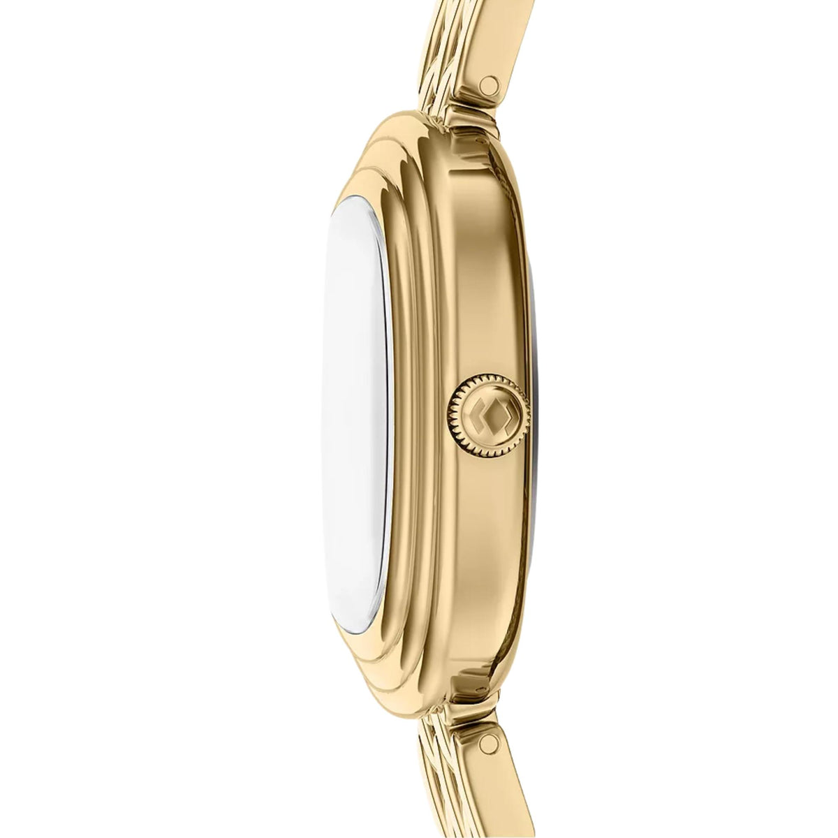 Fossil Emerson ES5506 womens timepiece side profile showing slim gold-tone case, detailed crown, and steel bracelet connections