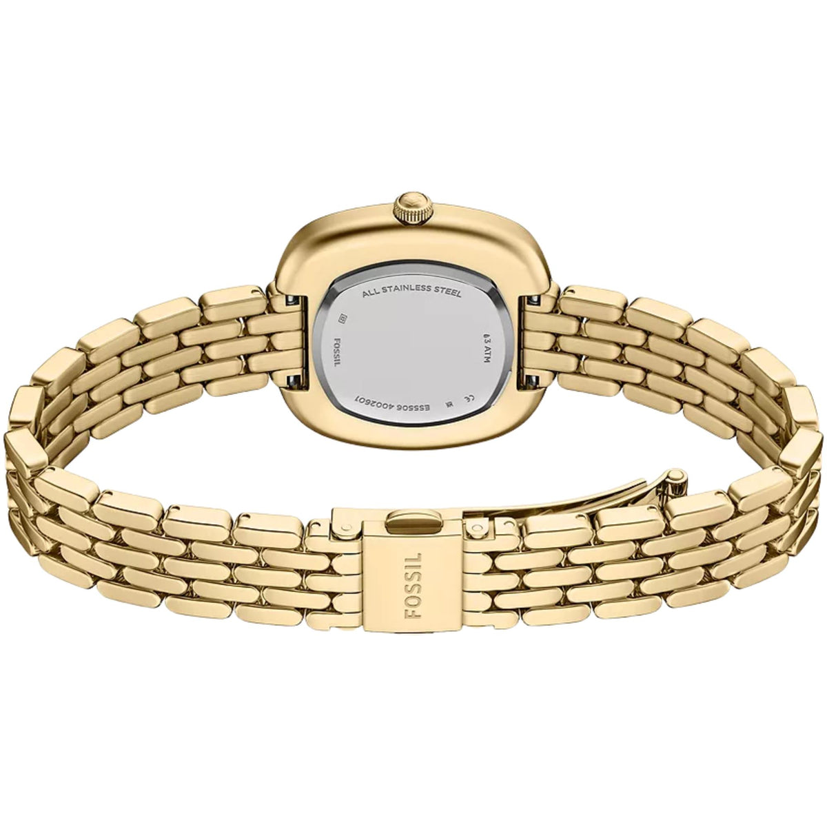 Fossil Emerson ES5506 quartz watch back perspective featuring steel caseback and open gold-tone link bracelet with clasp