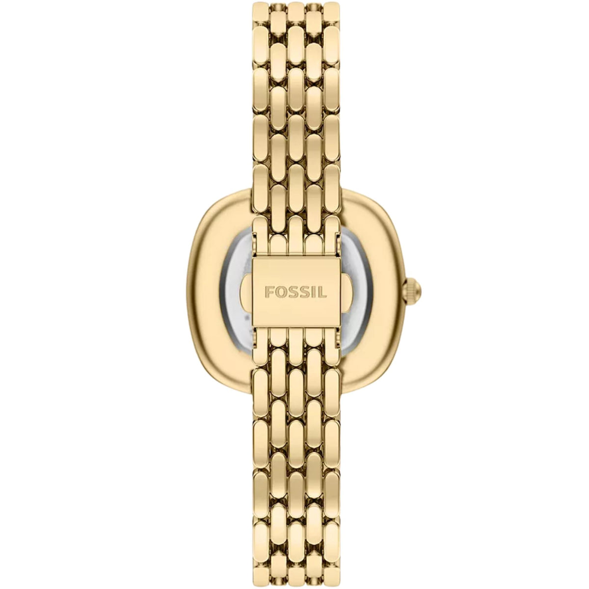 Fossil Emerson ES5506 ladies watch rear view displaying stainless steel caseback, engraved clasp, and gold-tone bracelet