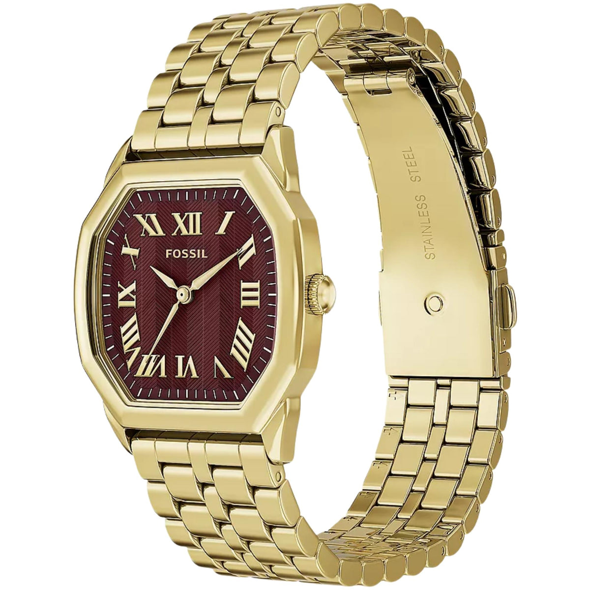 Fossil Harlow ES5511 womens timepiece side angle view featuring textured red dial, gold-tone crown, and link bracelet
