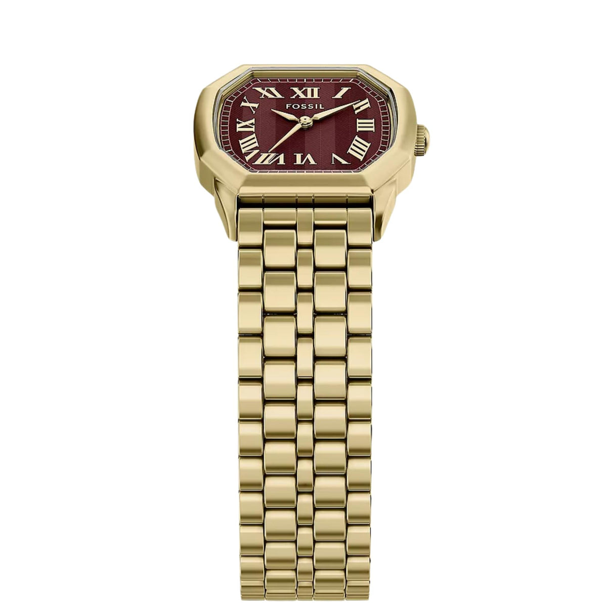 Fossil Harlow ES5511 quartz watch top-down perspective highlighting red patterned dial with Roman numerals and gold-tone bracelet