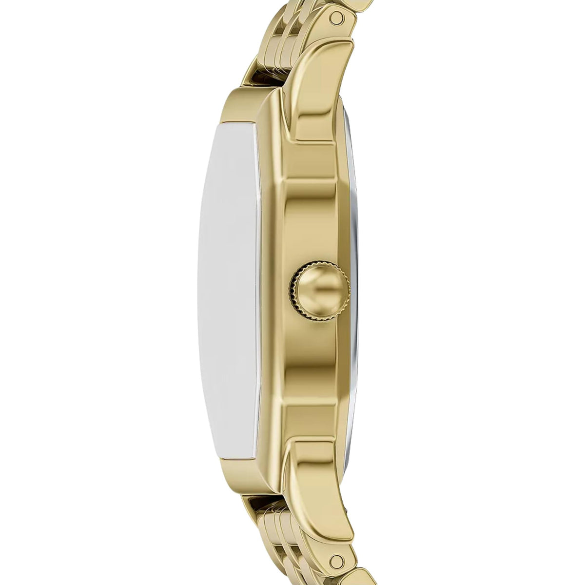 Fossil Harlow ES5511 ladies timepiece side profile showing slim gold-tone casing, textured crown, and bracelet attachment