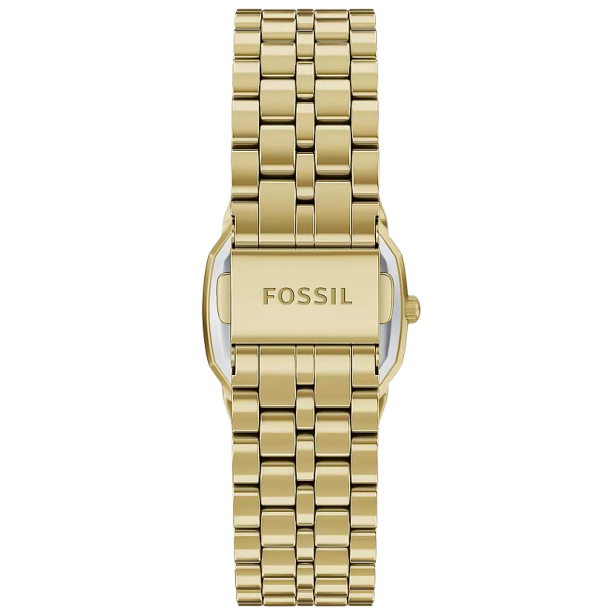 Fossil Harlow ES5511 quartz watch rear view displaying gold-tone multi-link bracelet with engraved brand clasp