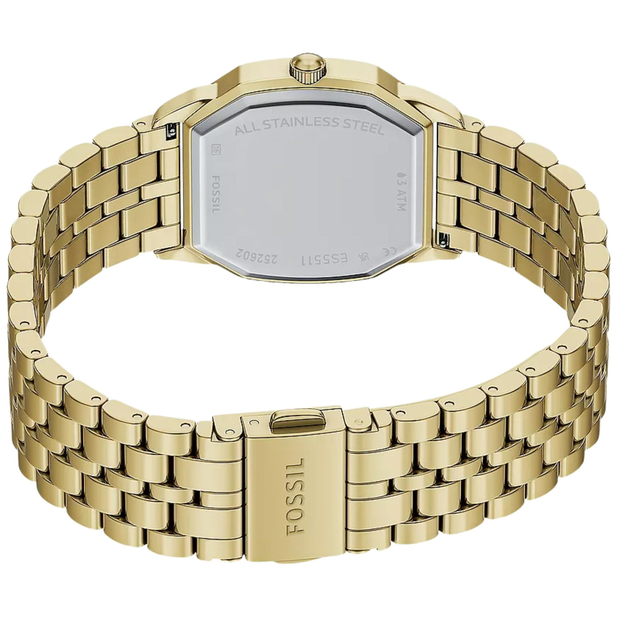 Fossil Harlow ES5511 womens watch back perspective featuring stainless steel caseback, engraved clasp, and open gold-tone link bracelet