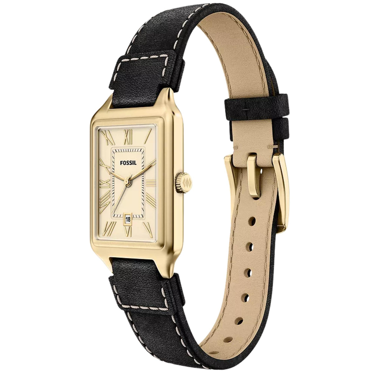 Fossil Raquel ES5505 womens timepiece side angle view featuring cream dial, gold-tone crown, and stitched black leather band