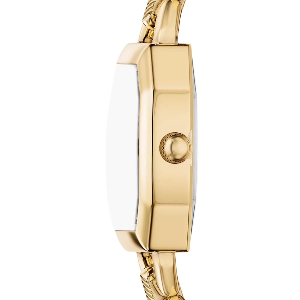 Fossil Harlow ES5497 ladies watch profile displaying polished gold-tone case side, flat glass crystal, and textured adjustment crown