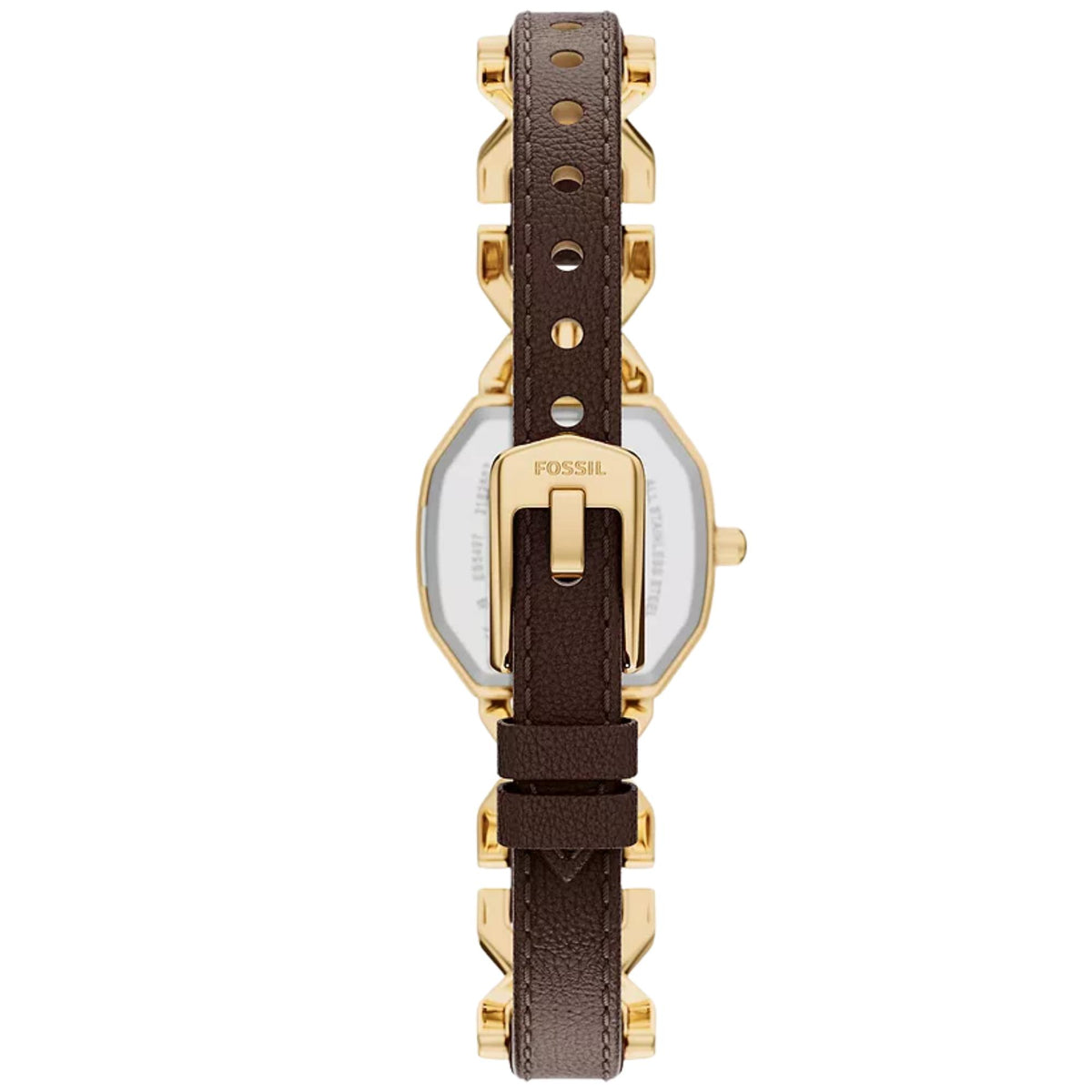 Fossil Harlow ES5497 quartz watch rear view showing back of gold case, brown leather strap, and signed gold buckle closure