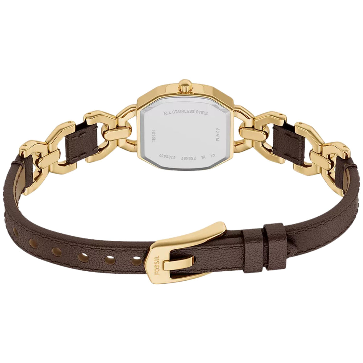 Fossil Harlow ES5497 womens watch back perspective highlighting stainless steel caseback, gold-tone chain links, and slim brown leather band