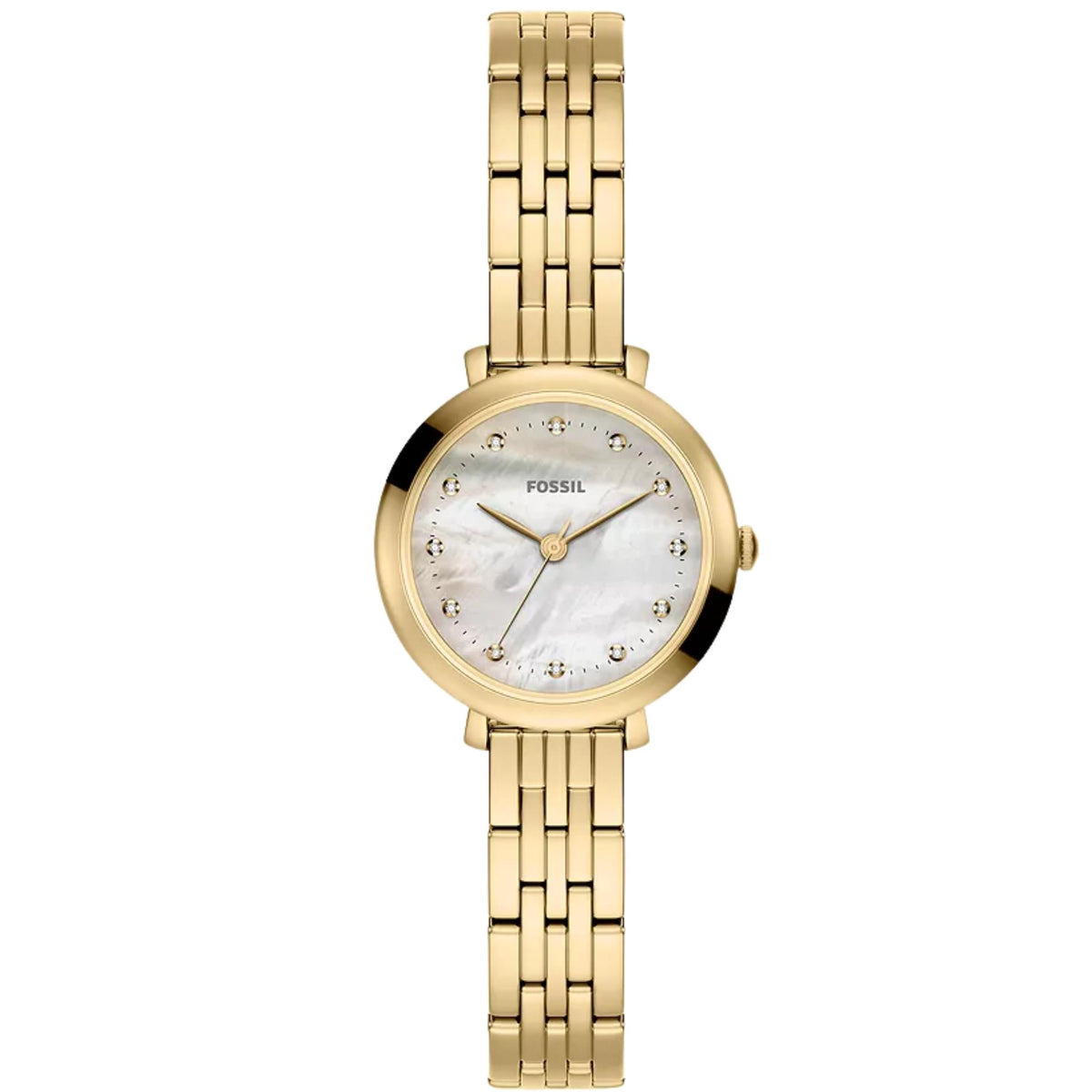 Fossil Heidi ES5501 26mm ladies quartz watch front view displaying gold-tone round case, mother of pearl dial, crystal hour markers, and five-link steel bracelet