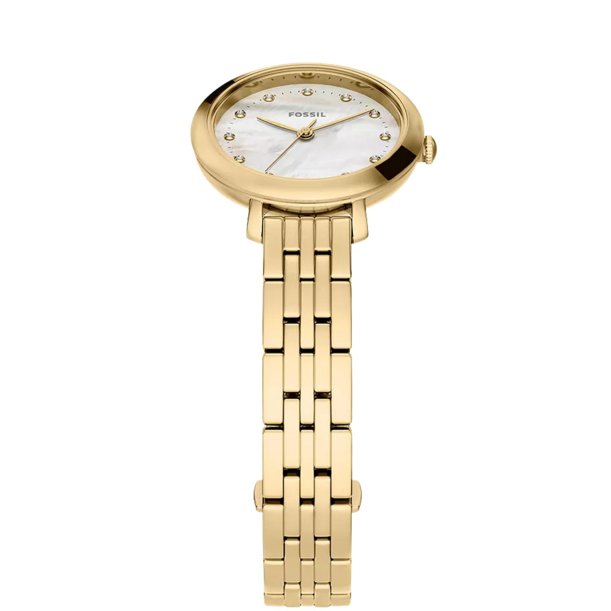 Fossil Heidi ES5501 steel watch vertical perspective showing gold-tone round bezel, mother of pearl dial, crystal markers, and link bracelet strap end