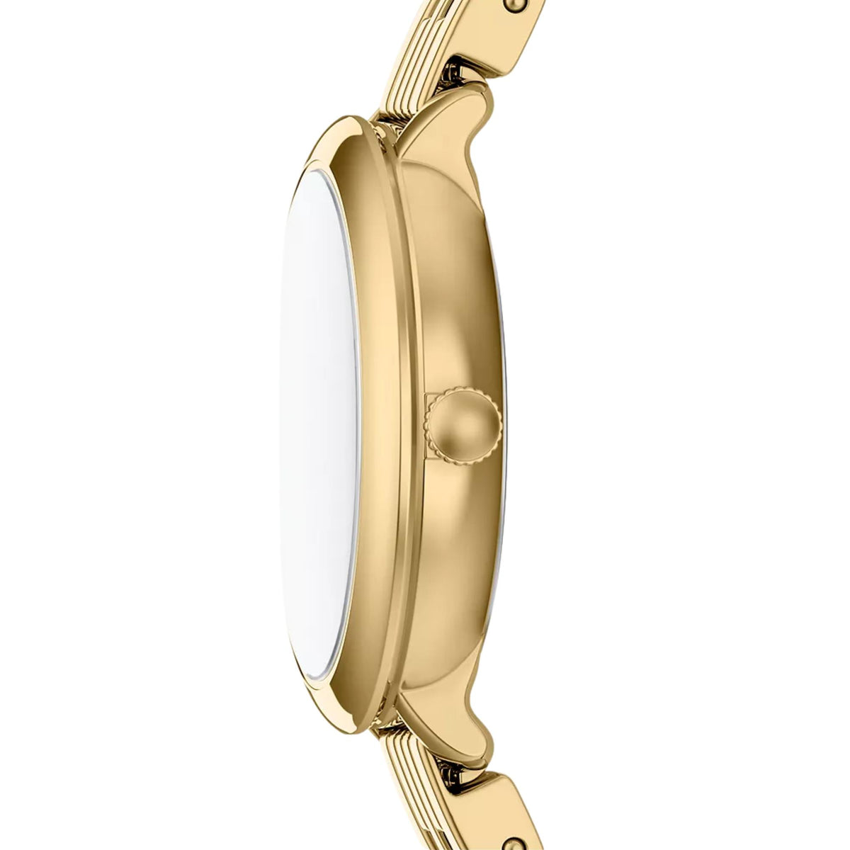 Fossil Heidi ES5501 ladies watch profile displaying gold-tone case side, smooth crystal glass, and textured adjustment crown