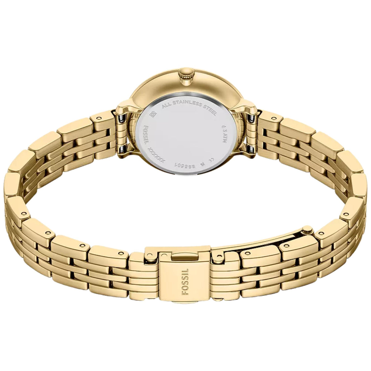 Fossil Heidi ES5501 womens watch back perspective highlighting stainless steel caseback markings, gold-tone link bracelet, and branded clasp