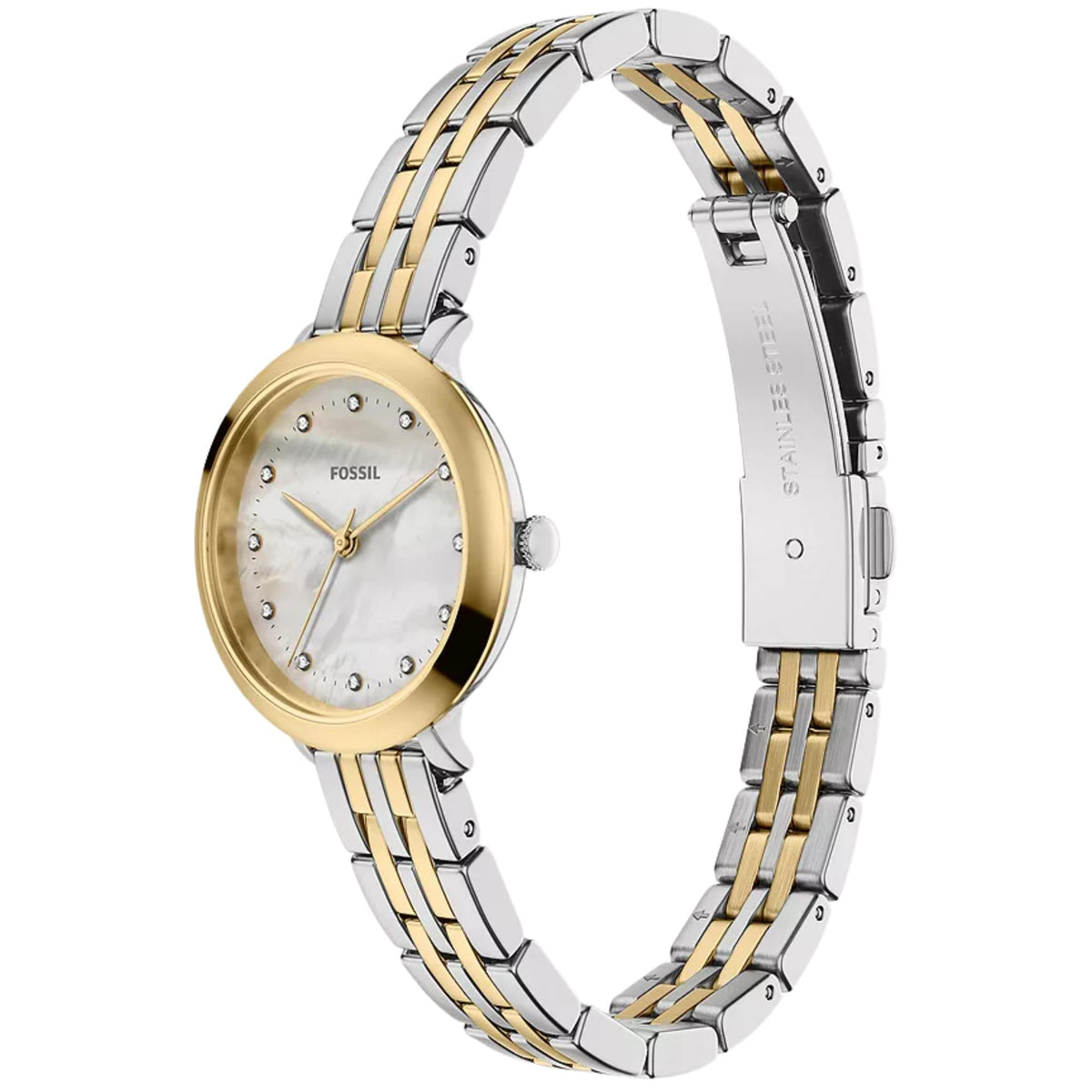Fossil Heidi ES5500 quartz watch, three-quarter perspective highlighting mother of pearl dial, crystal indices, and two-tone steel bracelet clasp