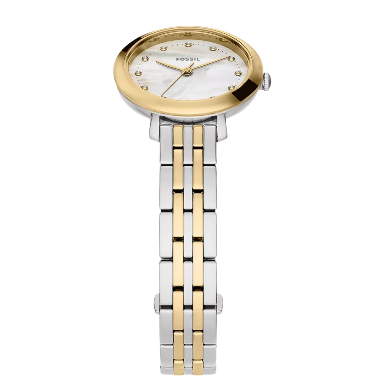 Fossil Heidi ES5500 steel watch vertical perspective showing gold-tone round bezel, mother of pearl dial, crystal markers, and link bracelet strap end