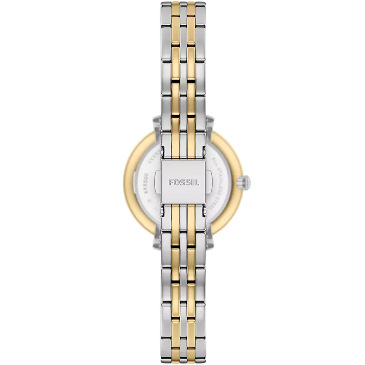 Fossil Heidi ES5500 quartz watch rear view showing back of case, two-tone steel bracelet, and signed fold-over clasp
