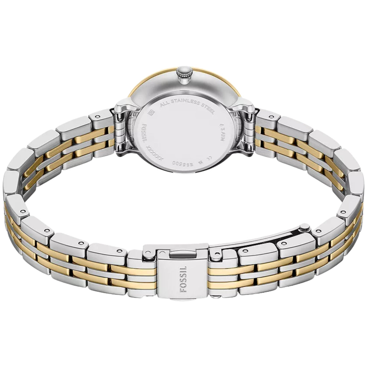 Fossil Heidi ES5500 womens watch back perspective highlighting stainless steel caseback markings, two-tone link bracelet, and branded clasp