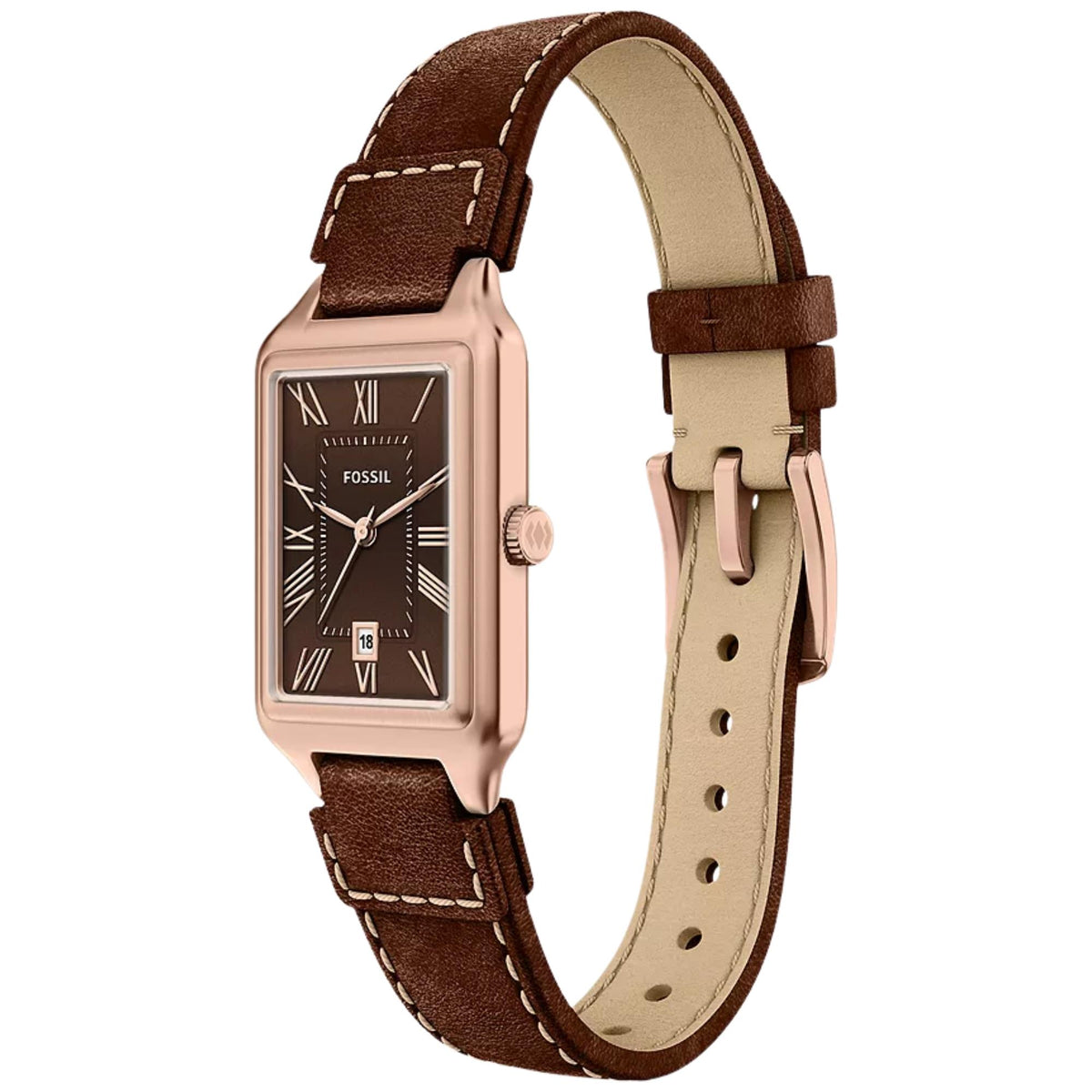 Fossil Raquel ES5503 quartz watch, three-quarter angle displaying rectangular rose gold-tone case, brown dial, Roman numerals, and textured brown leather strap with pin buckle
